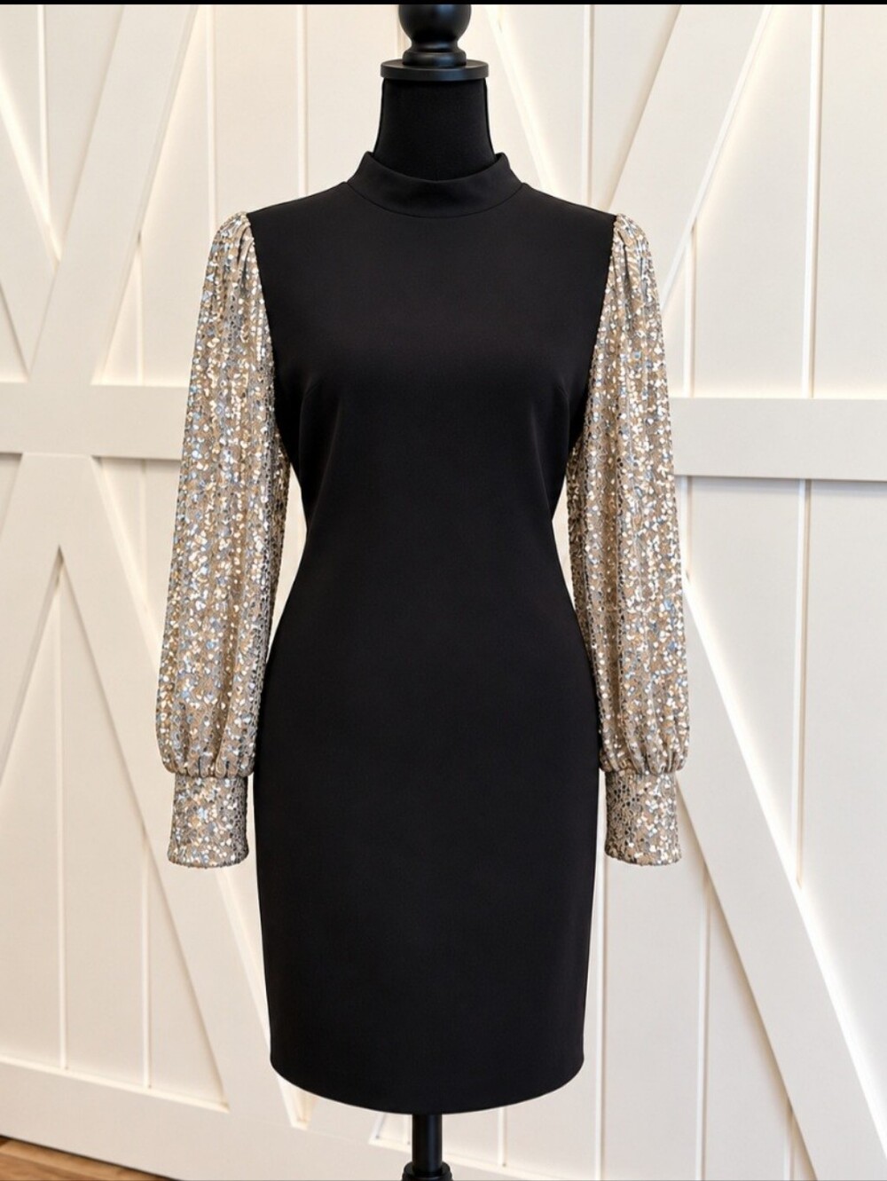 Nicole Miller Size 8 Black Sequin Sleeve Sheath Dress Mock Neck Cocktail Party